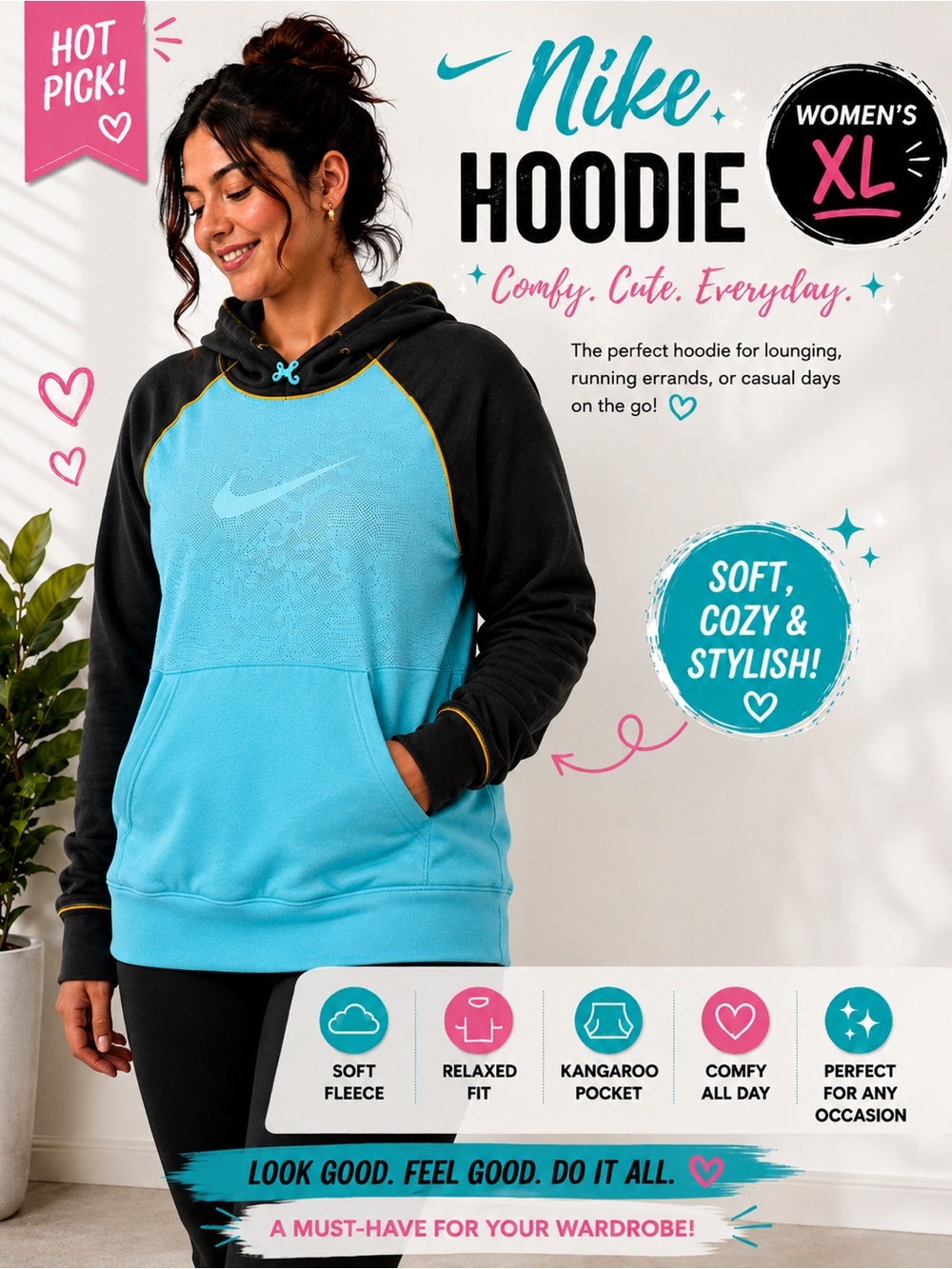 Nike Women's Teal and Black Pullover Xl Hoodie - Yellow Trim